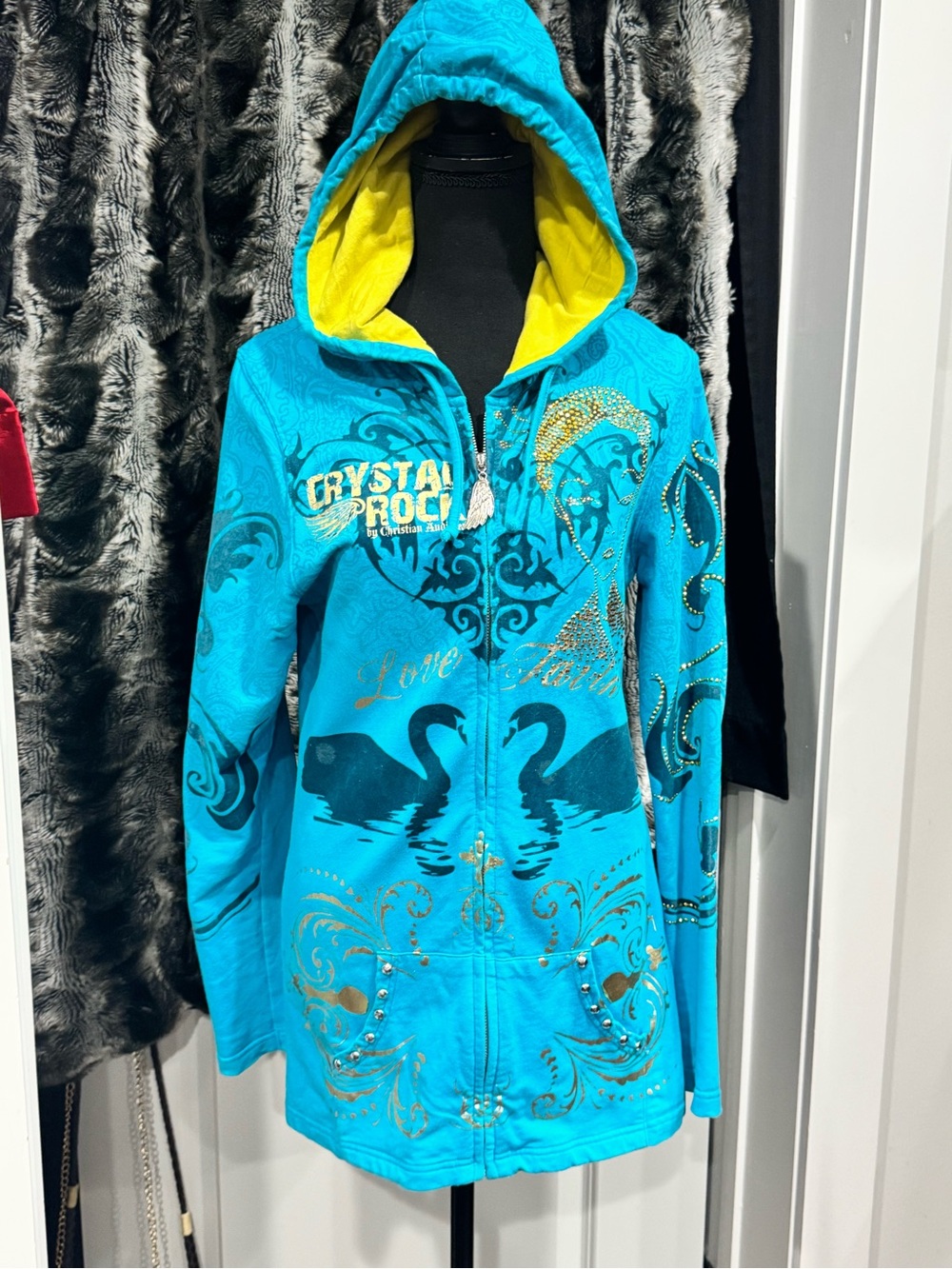Turquoise Hooded Zip Jacket Crystal Rock by Christian Audigier